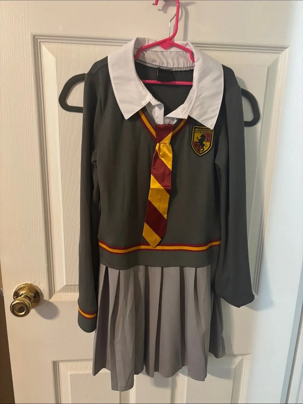 Girls Grey School Witch Costume Dress with Red and Gold Tie